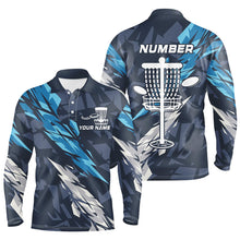 Load image into Gallery viewer, Blue camo Disc golf basket custom team disc golf polo shirt for Men, disc golf attire NQS8059
