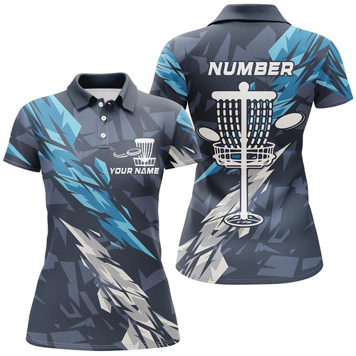 Blue camo Disc golf basket custom team disc golf polo shirt for women, disc golf attire NQS8059