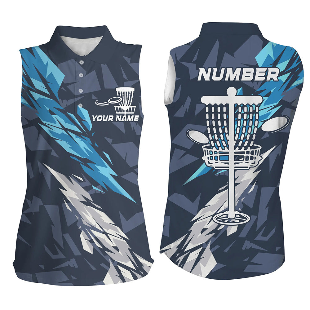 Blue camo Disc golf basket custom team disc golf sleeveless polo shirt for women, disc golf attire NQS8059