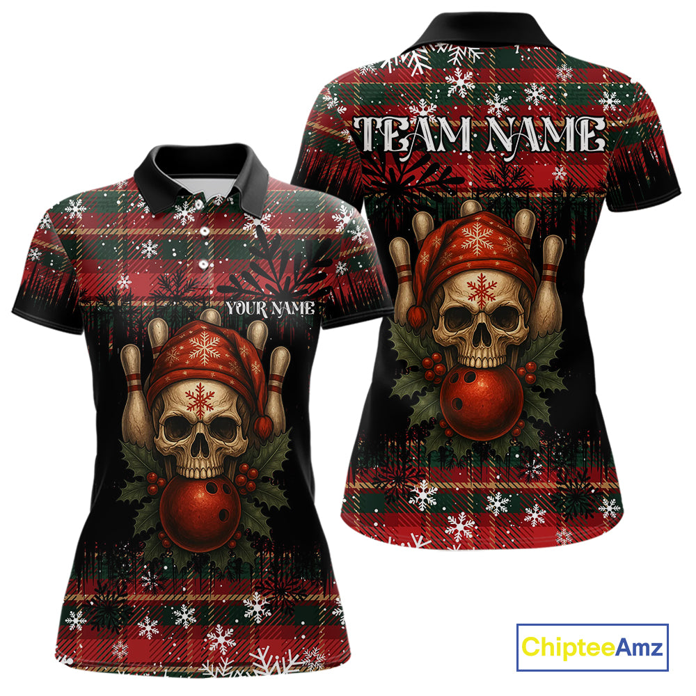 Black & Red Plaid Christmas pattern Skull Bowling Shirts For Women Custom Team Bowling outfit jersey NQS11057