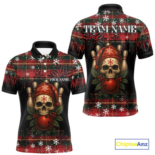 Black & Red Plaid Christmas pattern Skull Bowling Shirts For Men Custom Team Bowling outfit jerseys NQS11057