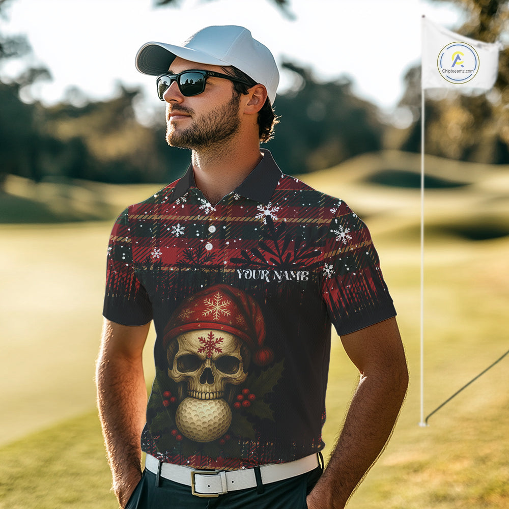 Black and Red Plaid Christmas pattern Skull Mens Polo Shirt Custom Golf outfit For Men, golfing gifts NQS11058