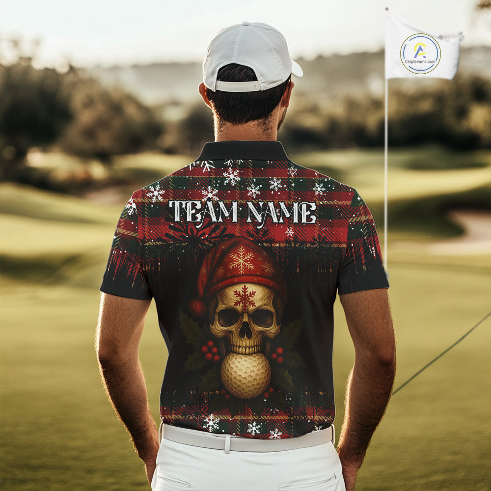 Black and Red Plaid Christmas pattern Skull Mens Polo Shirt Custom Golf outfit For Men, golfing gifts NQS11058