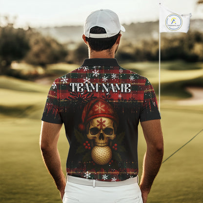 Black and Red Plaid Christmas pattern Skull Mens Polo Shirt Custom Golf outfit For Men, golfing gifts NQS11058