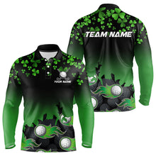 Load image into Gallery viewer, Green shamrock Flame golf ball Men golf polo shirts Customize St Patrick Day team mens golf shirts NQS9391