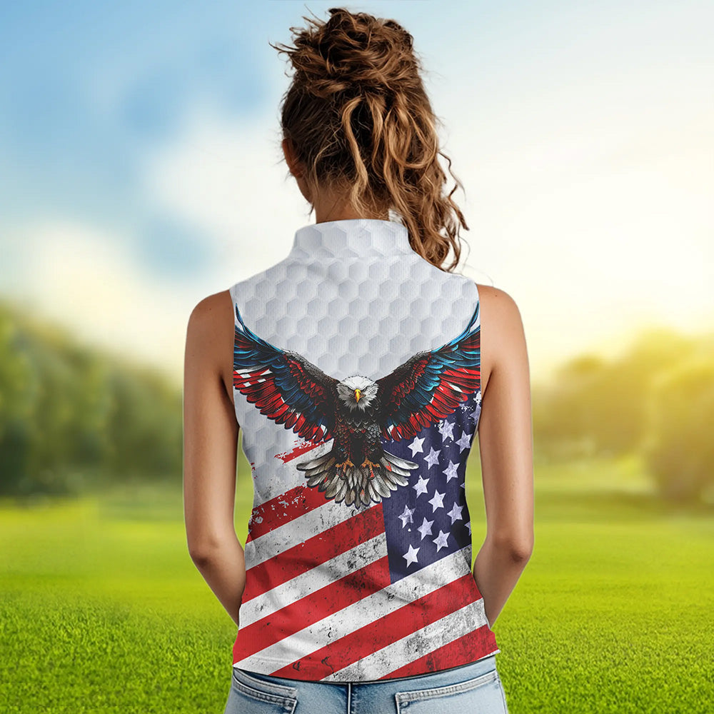 Personalized American Flag Eagle White Women sleeveless polo shirt Custom patriotic ladies golf tops NQS9541