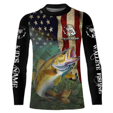 Load image into Gallery viewer, Walleye Fishing 3D American Flag Patriotic Customize name UV protection long sleeve fishing shirts NQS467