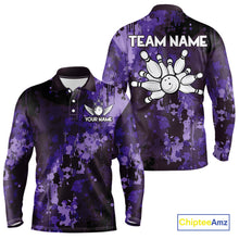 Load image into Gallery viewer, Purple Camo Bowling Polo, Quarter Zip Shirts For Men Custom Bowling Team Jerseys, Gift For Bowlers NQS10455