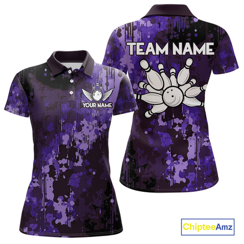 Purple Camo Bowling Polo, Quarter Zip Shirts For Women Custom Bowling Team Jerseys, Gift For Bowlers NQS10455