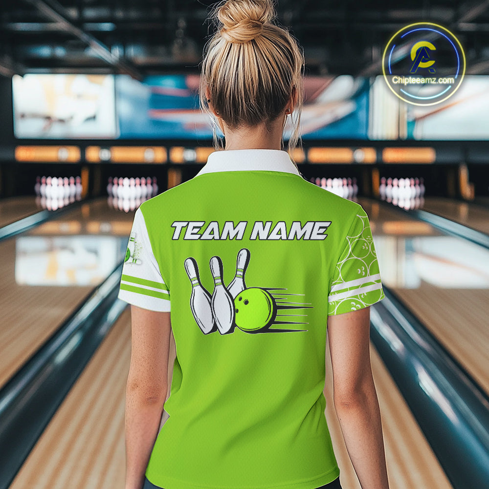 Women Bowling Polo, 1/4 Zip Shirt Custom retro white and green camo vintage ladies bowling jerseys NQS10457
