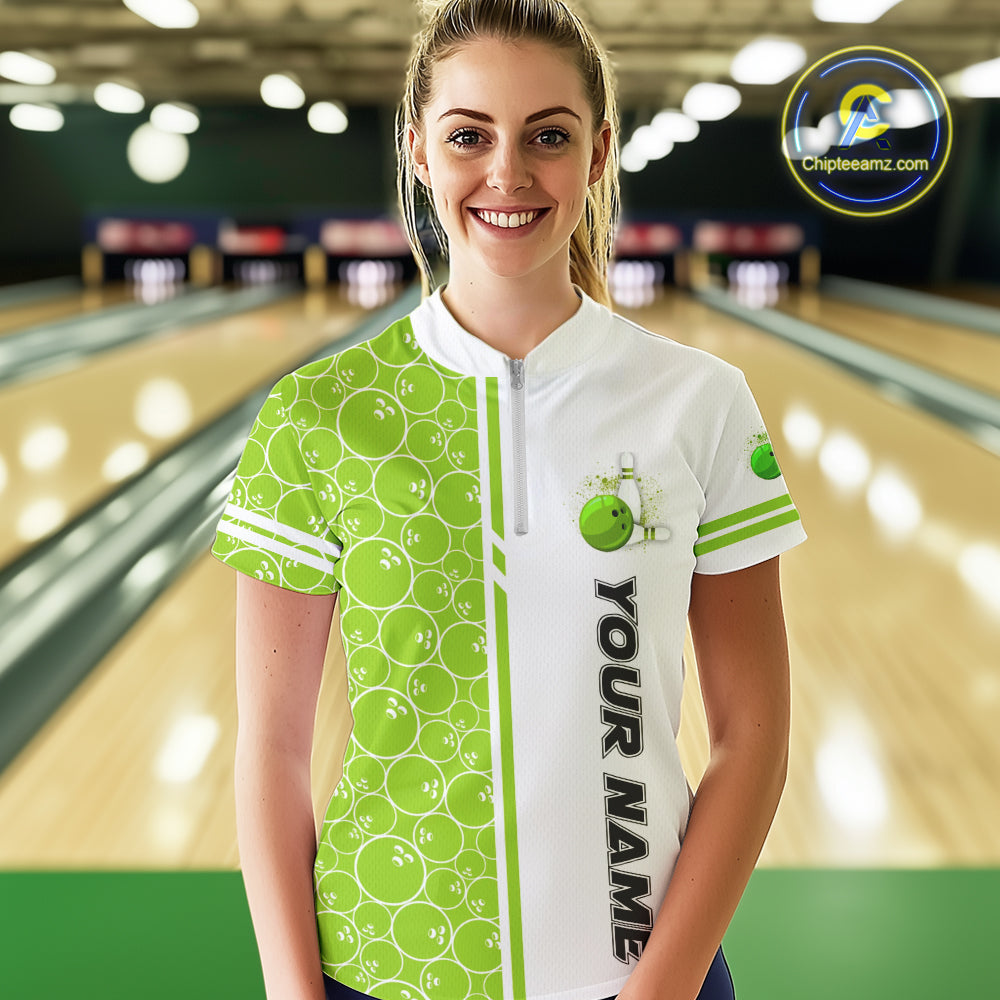 Women Bowling Polo, 1/4 Zip Shirt Custom retro white and green camo vintage ladies bowling jerseys NQS10457