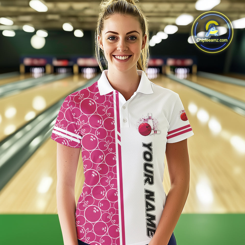 Women Bowling Polo, 1/4 Zip Shirt Custom retro white and pink camo vintage ladies bowling jerseys NQS10458