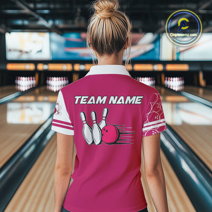 Women Bowling Polo, 1/4 Zip Shirt Custom retro white and pink camo vintage ladies bowling jerseys NQS10458