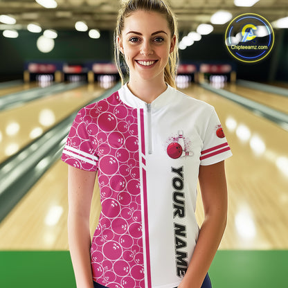 Women Bowling Polo, 1/4 Zip Shirt Custom retro white and pink camo vintage ladies bowling jerseys NQS10458
