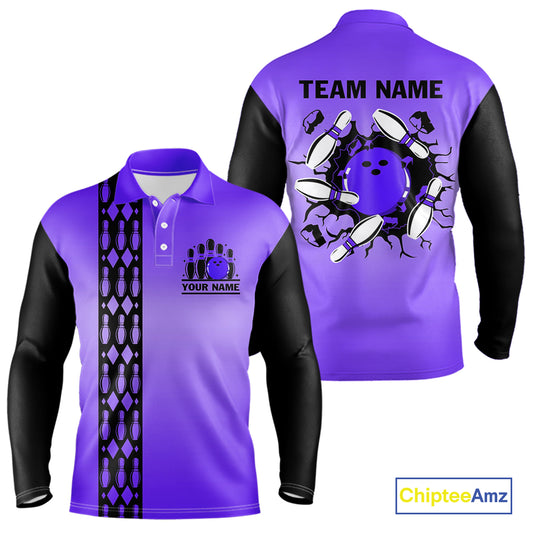 Personalized Black and Purple Retro Bowling Polo, Quarter Zip Team Shirt For Men Custom Bowling Gifts NQS10461