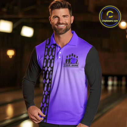 Personalized Black and Purple Retro Bowling Polo, Quarter Zip Team Shirt For Men Custom Bowling Gifts NQS10461