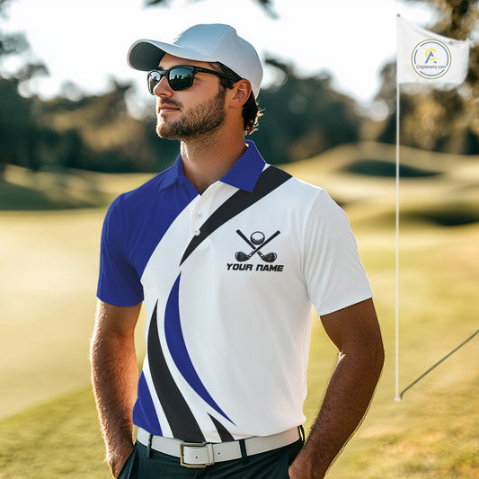 Blue and White Men golf polo shirt Custom golf attire for men, gifts for golf lovers NQS10665