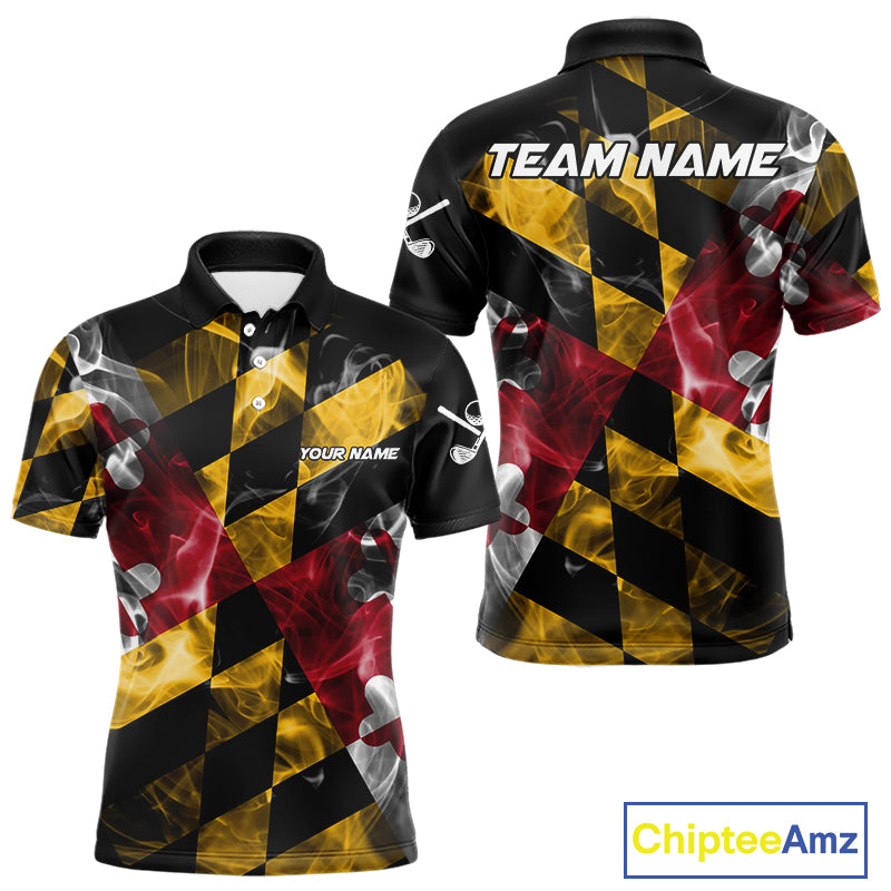 Smoke Maryland Flag Black Golf Polo shirts for Men Custom patriotic Team Mens Golf Outfit NQS11467