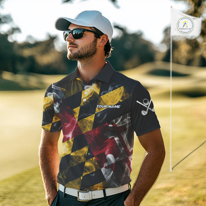 Smoke Maryland Flag Black Golf Polo shirts for Men Custom patriotic Team Mens Golf Outfit NQS11467