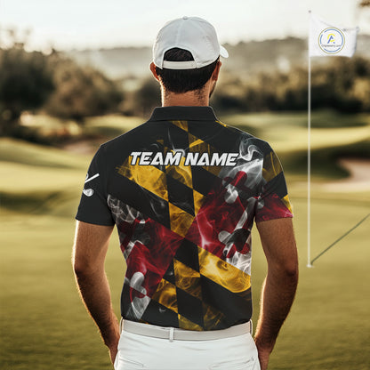 Smoke Maryland Flag Black Golf Polo shirts for Men Custom patriotic Team Mens Golf Outfit NQS11467