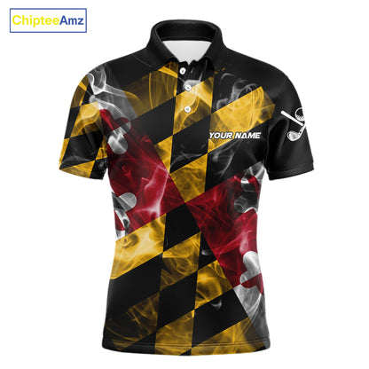Smoke Maryland Flag Black Golf Polo shirts for Men Custom patriotic Team Mens Golf Outfit NQS11467