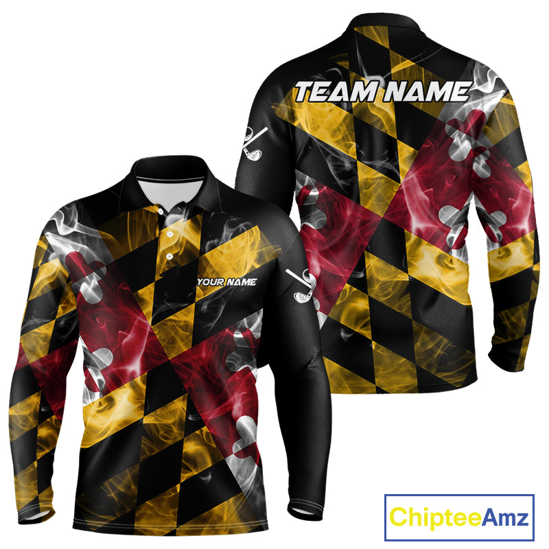 Smoke Maryland Flag Black Golf Polo shirts for Men Custom patriotic Team Mens Golf Outfit NQS11467