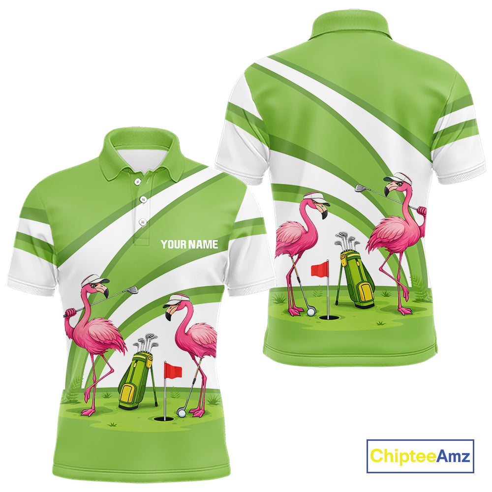Funny Pink Flamingo Golf Polo Shirts for Men Custom Green and White mens golf attire NQS11747
