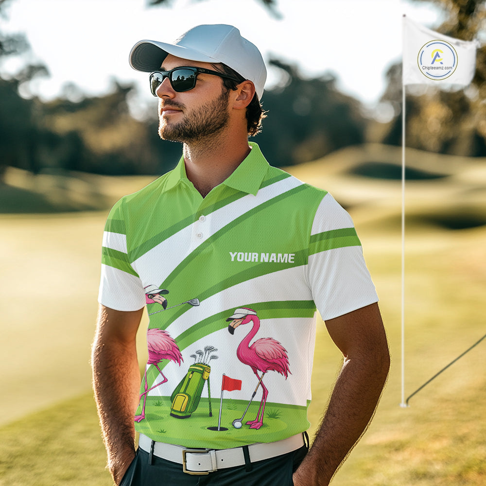 Funny Pink Flamingo Golf Polo Shirts for Men Custom Green and White mens golf attire NQS11747