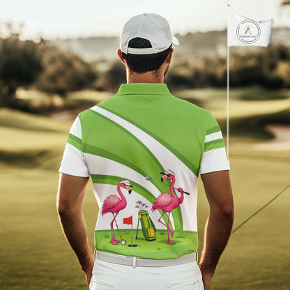 Funny Pink Flamingo Golf Polo Shirts for Men Custom Green and White mens golf attire NQS11747