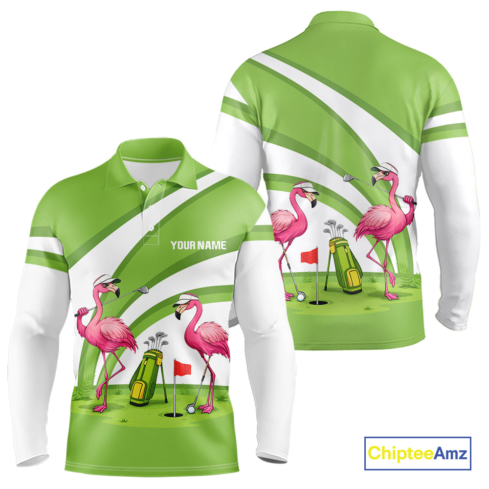 Funny Pink Flamingo Golf Polo Shirts for Men Custom Green and White mens golf attire NQS11747