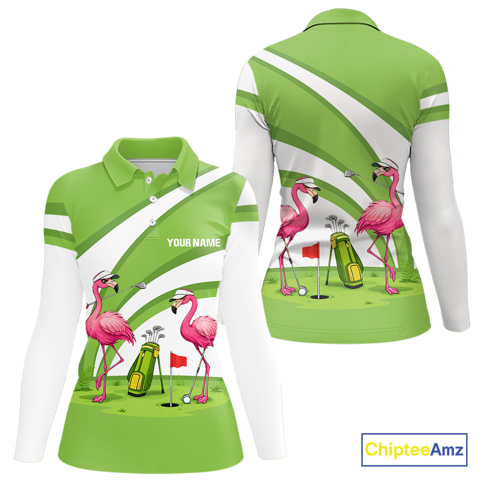 Funny Pink Flamingo Golf Polo Shirts for Women Custom Green and White ladies golf attire NQS11747