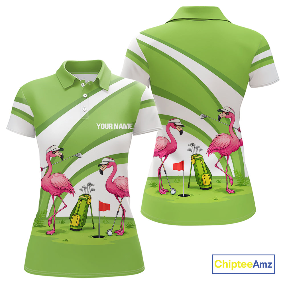Funny Pink Flamingo Golf Polo Shirts for Women Custom Green and White ladies golf attire NQS11747