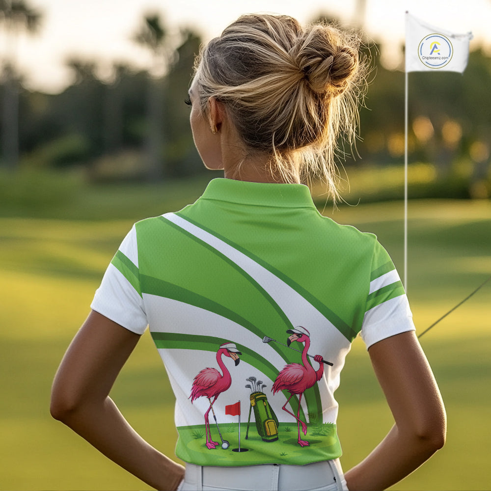 Funny Pink Flamingo Golf Polo Shirts for Women Custom Green and White ladies golf attire NQS11747