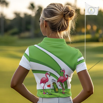 Funny Pink Flamingo Golf Polo Shirts for Women Custom Green and White ladies golf attire NQS11747