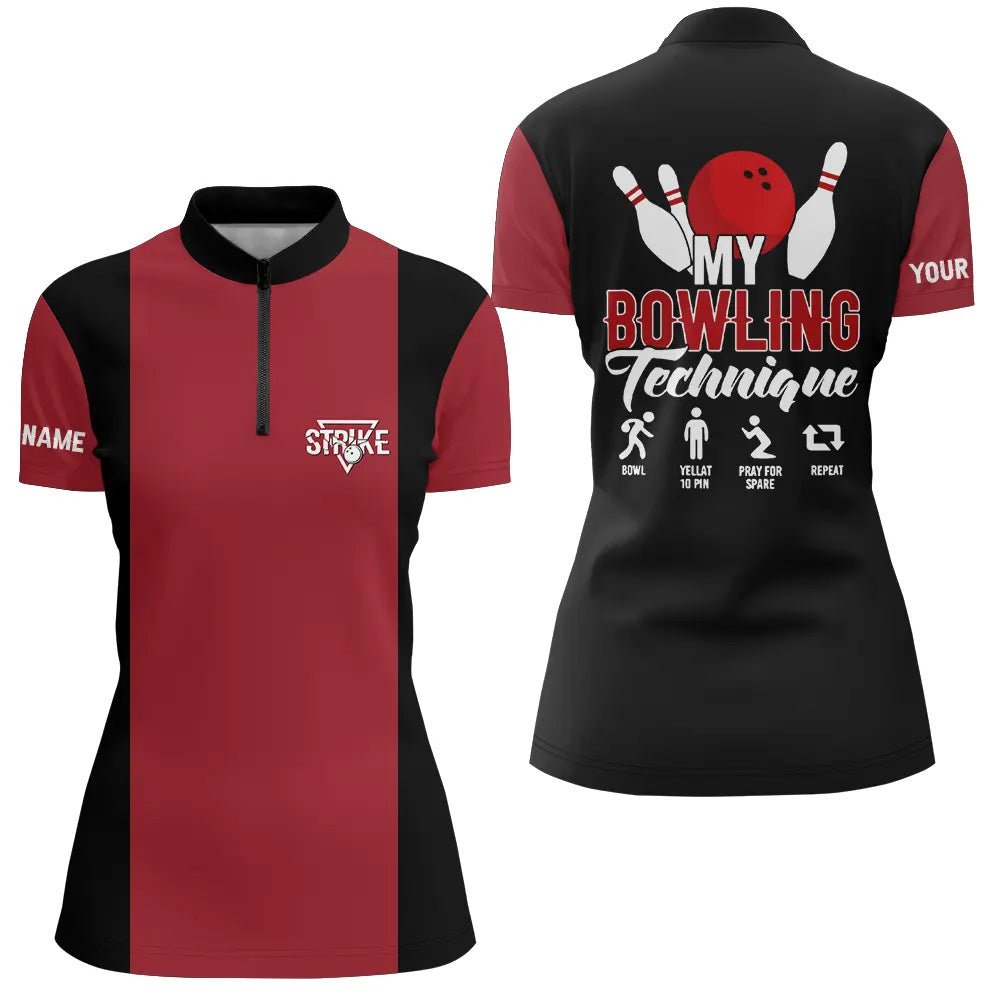 Custom Red black bowling shirt for women – personalized team jersey front view