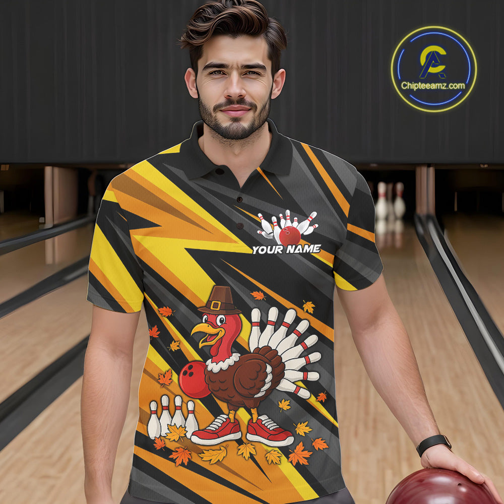 Custom Funny Turkey Bowling Shirts For Men, Black and Yellow Camo Thanksgiving Bowling Shirt Team NQS10683