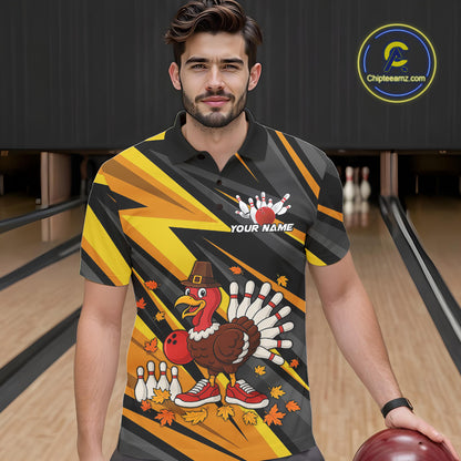 Custom Funny Turkey Bowling Shirts For Men, Black and Yellow Camo Thanksgiving Bowling Shirt Team NQS10683