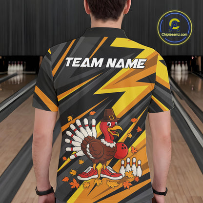 Custom Funny Turkey Bowling Shirts For Men, Black and Yellow Camo Thanksgiving Bowling Shirt Team NQS10683
