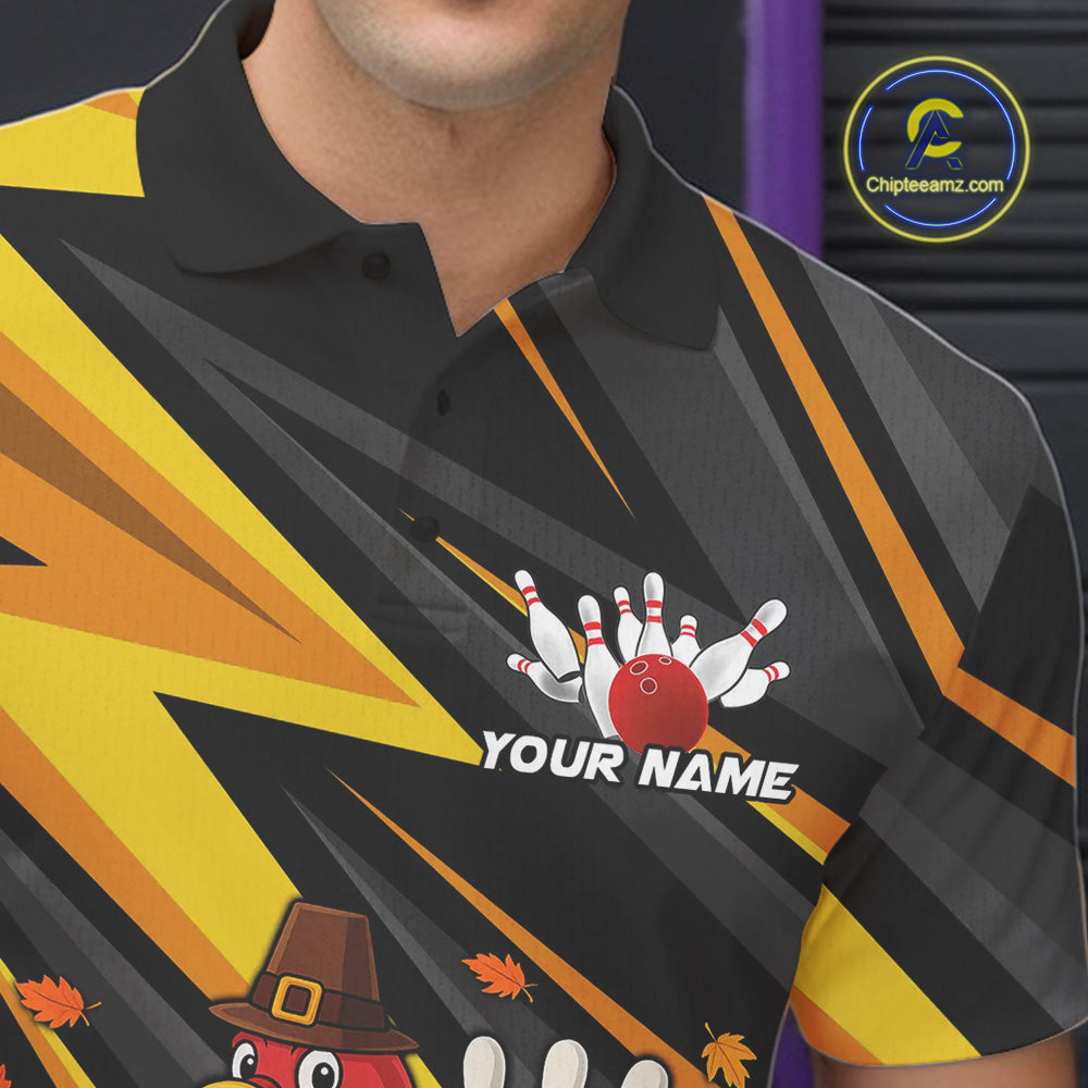 Custom Funny Turkey Bowling Shirts For Men, Black and Yellow Camo Thanksgiving Bowling Shirt Team NQS10683