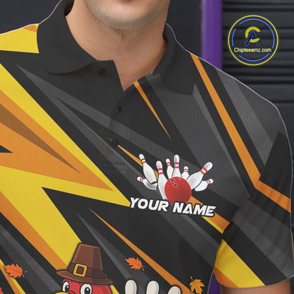 Custom Funny Turkey Bowling Shirts For Men, Black and Yellow Camo Thanksgiving Bowling Shirt Team NQS10683