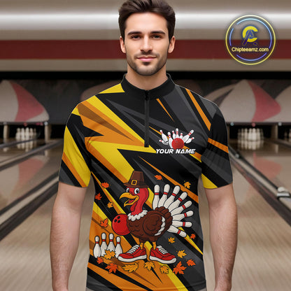 Custom Funny Turkey Bowling Shirts For Men, Black and Yellow Camo Thanksgiving Bowling Shirt Team NQS10683