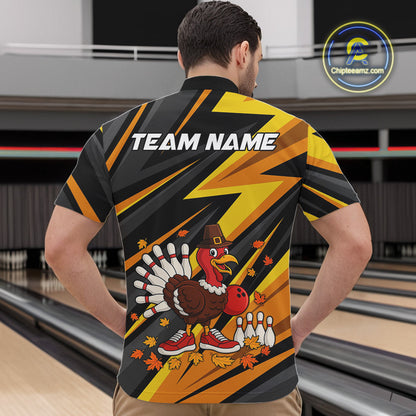 Custom Funny Turkey Bowling Shirts For Men, Black and Yellow Camo Thanksgiving Bowling Shirt Team NQS10683
