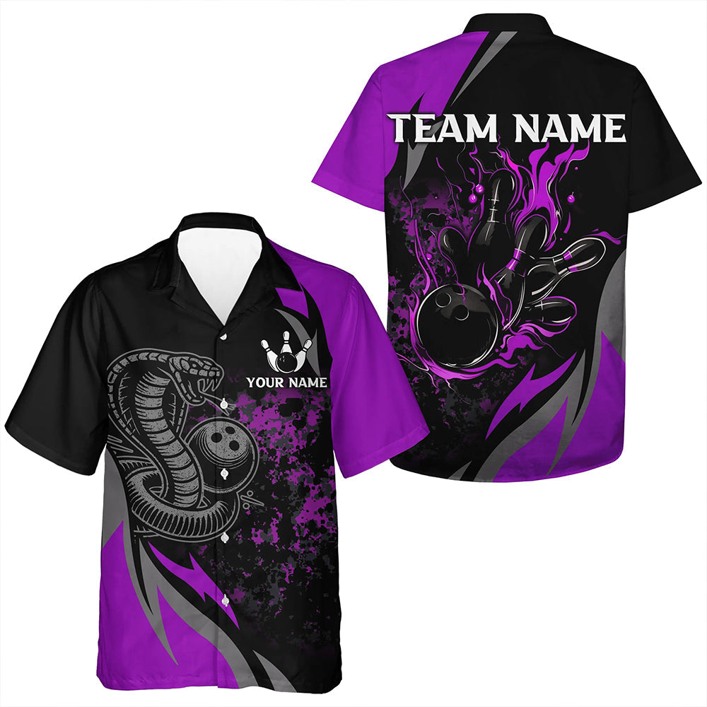 Black and Purple Flame Cobra Snake Hawaiian bowling shirts Custom Name button up bowling shirts NQS9714