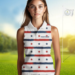 Red, White and Blue stars pattern Women sleeveless golf polo shirt Custom patriotic ladies golf attire NQS9980