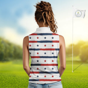 Red, White and Blue stars pattern Women sleeveless golf polo shirt Custom patriotic ladies golf attire NQS9980
