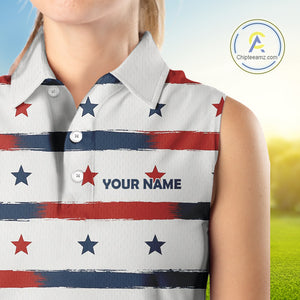 Red, White and Blue stars pattern Women sleeveless golf polo shirt Custom patriotic ladies golf attire NQS9980