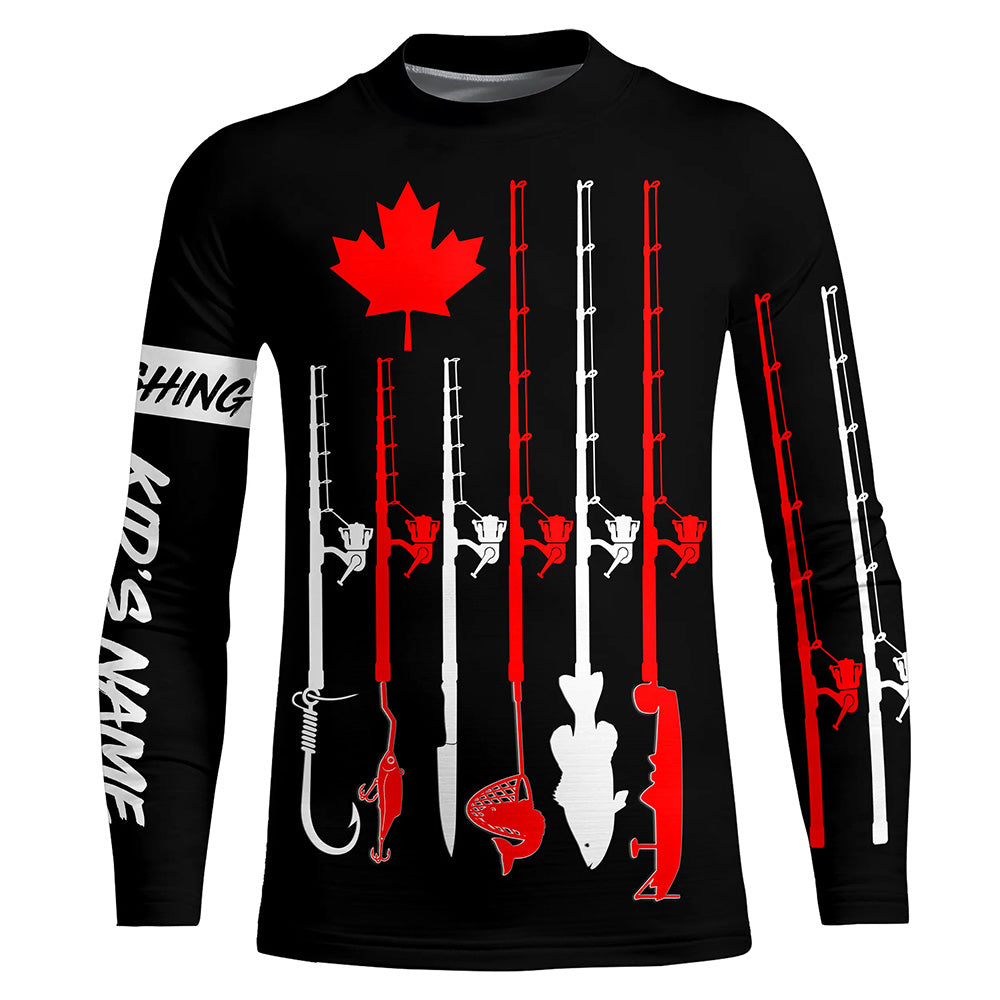 Personalized Canadian flag fishing rod UV protection patriotic fishing jerseys for fisherman | Black NQS5764