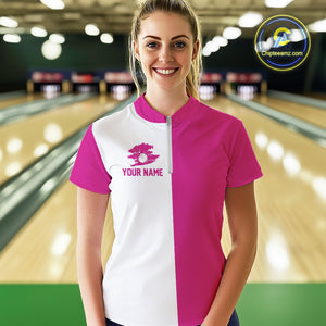 Pink and white Retro Bowling shirts For Women Custom team bowling jerseys gift for Bowlers NQS10147