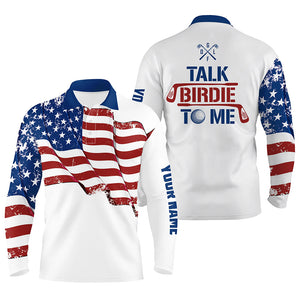 Funny Mens golf polo shirt custom American flag patriotic white golf shirts talk birdie to me NQS5963