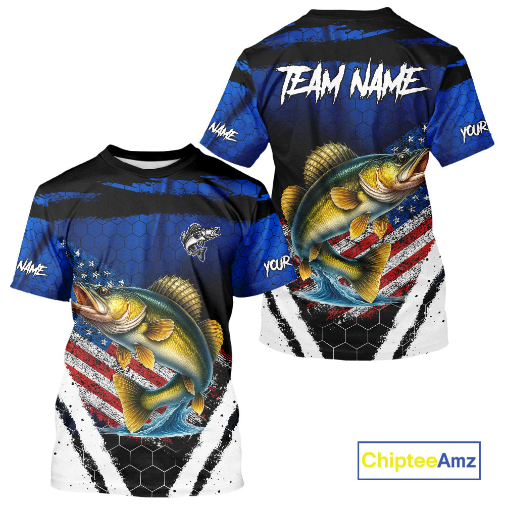 Walleye fishing American Flag Custom patriotic long sleeve team Walleye fishing shirts | Blue NQS10686